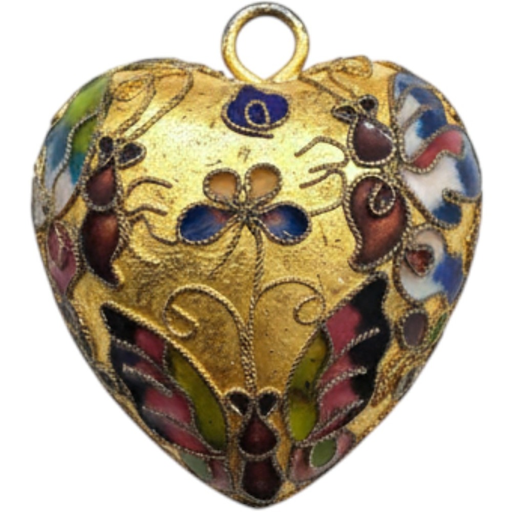 Vintage Gold Tone Cloisonne Enamel Puffed Heart Pendant Butterfly Floral Design